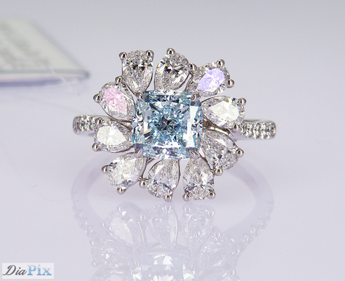 3.284ct Cushion Cut Sky Blue CVD Synthetische Diamantringe Luxus 18K Weißgold Set